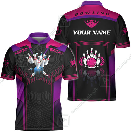 Customized Bowling Jersey Shirt, The Blue Bowling Ball Crashing The Pins Purple Pattern Personalized Name Team Name Logo Team For Bowling Team