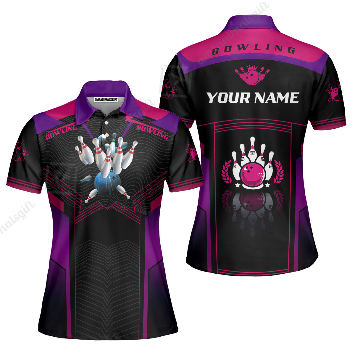 Customized Bowling Jersey Shirt, The Blue Bowling Ball Crashing The Pins Purple Pattern Personalized Name Team Name Logo Team For Bowling Team