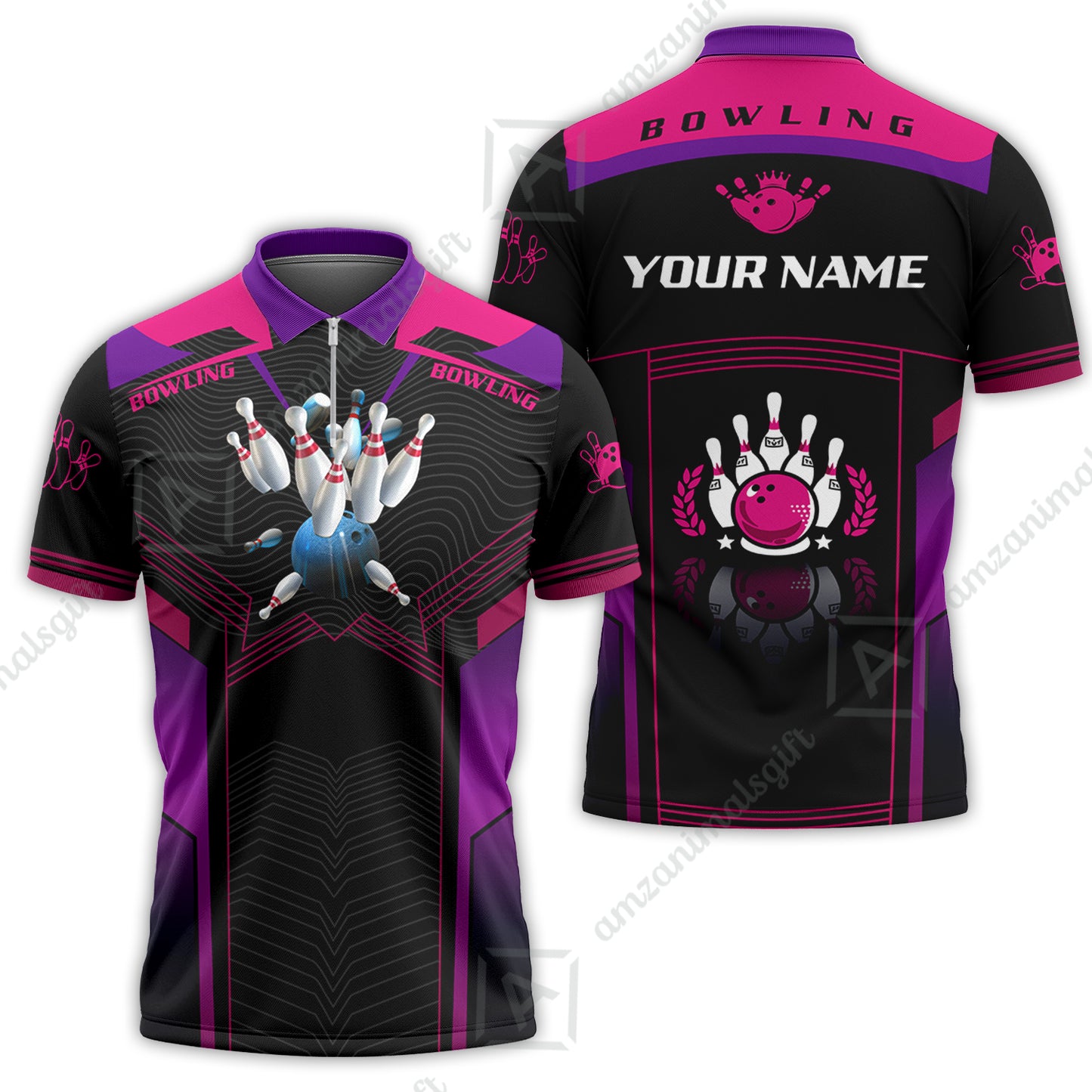 Customized Bowling Jersey Shirt, The Blue Bowling Ball Crashing The Pins Purple Pattern Personalized Name Team Name Logo Team For Bowling Team