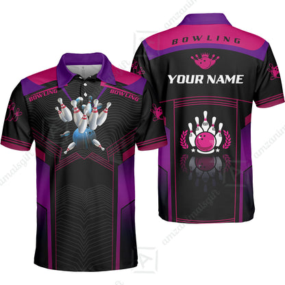 Customized Bowling Jersey Shirt, The Blue Bowling Ball Crashing The Pins Purple Pattern Personalized Name Team Name Logo Team For Bowling Team