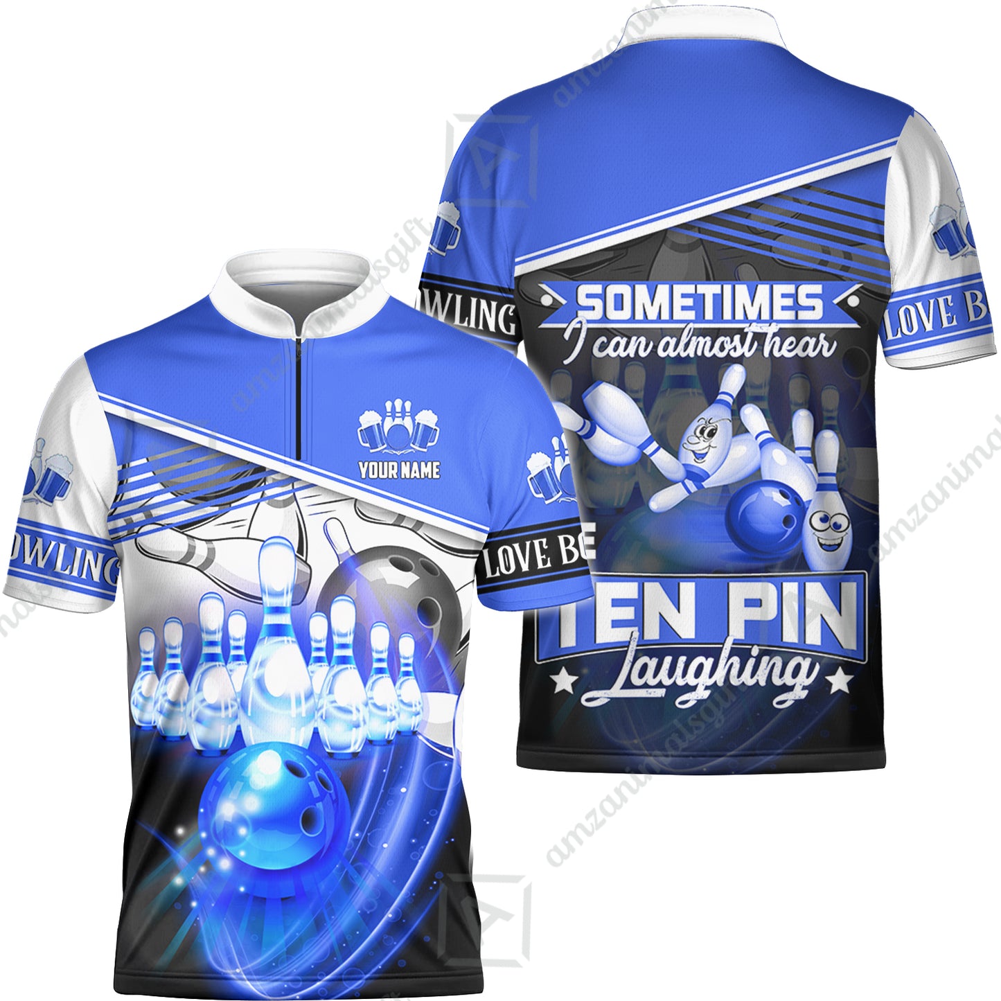 Customized Bowling Unisex Polo, The Blue Bowling Ball Crashing The Pins Purple Pattern Personalized Name Team Name Logo For Bowling Team