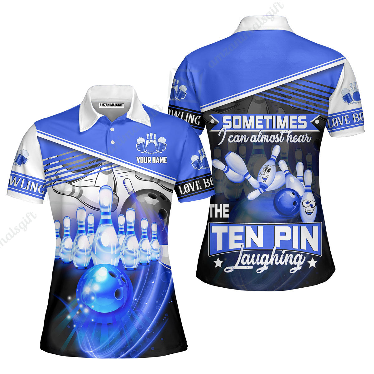 Customized Bowling Unisex Polo, The Blue Bowling Ball Crashing The Pins Purple Pattern Personalized Name Team Name Logo For Bowling Team