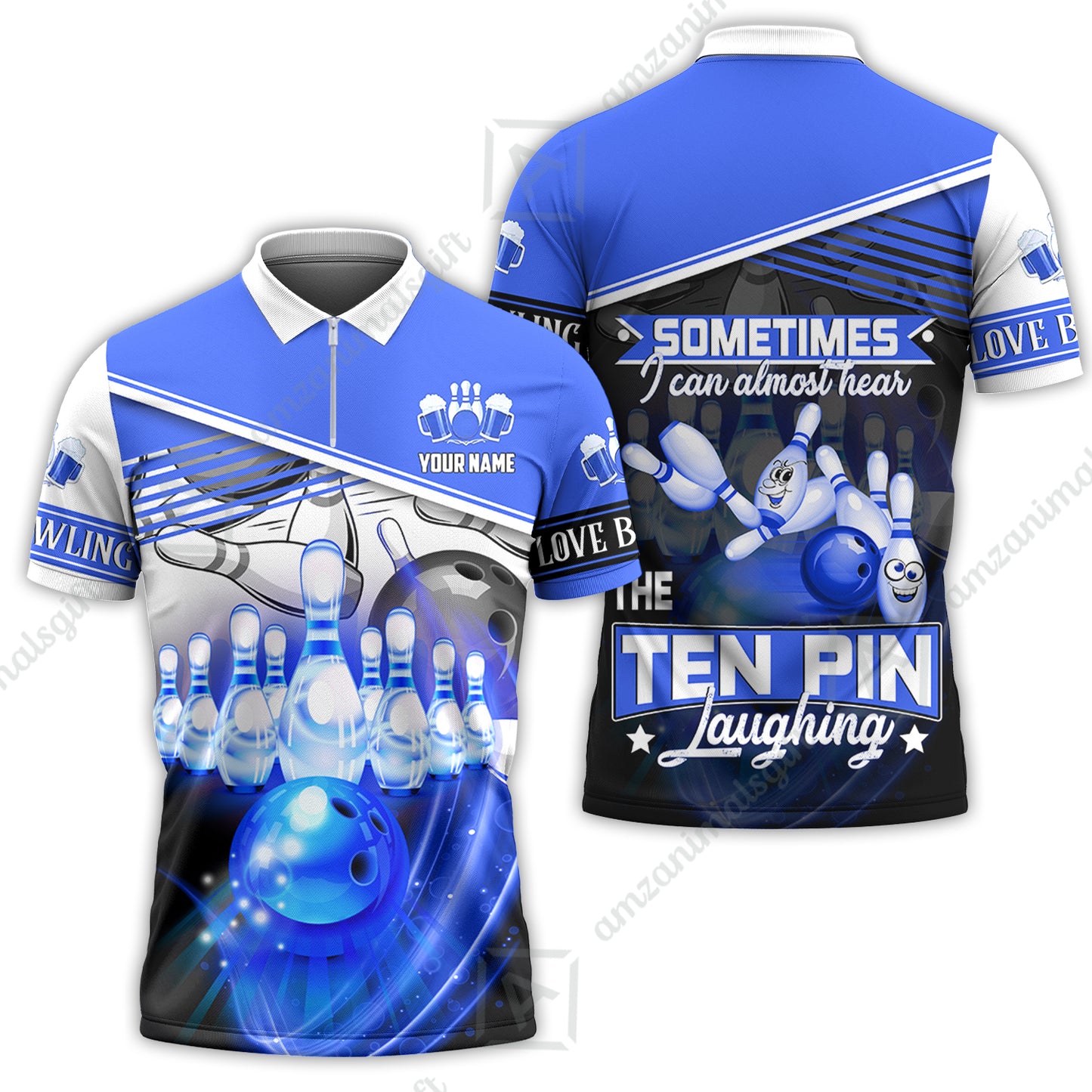 Customized Bowling Unisex Polo, The Blue Bowling Ball Crashing The Pins Purple Pattern Personalized Name Team Name Logo For Bowling Team