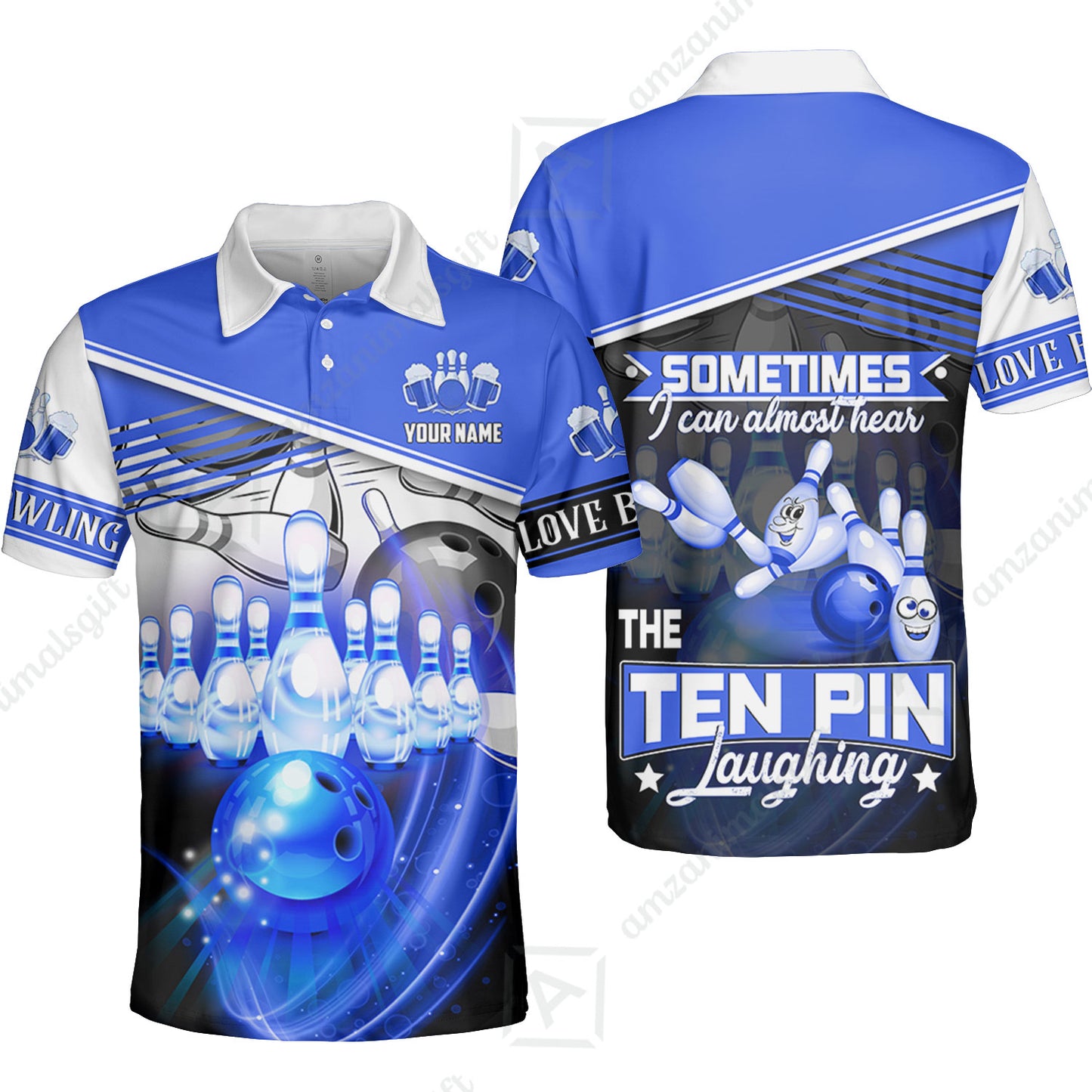 Customized Bowling Unisex Polo, The Blue Bowling Ball Crashing The Pins Purple Pattern Personalized Name Team Name Logo For Bowling Team