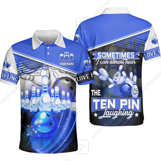 Customized Bowling Unisex Polo, The Blue Bowling Ball Crashing The Pins Purple Pattern Personalized Name Team Name Logo For Bowling Team