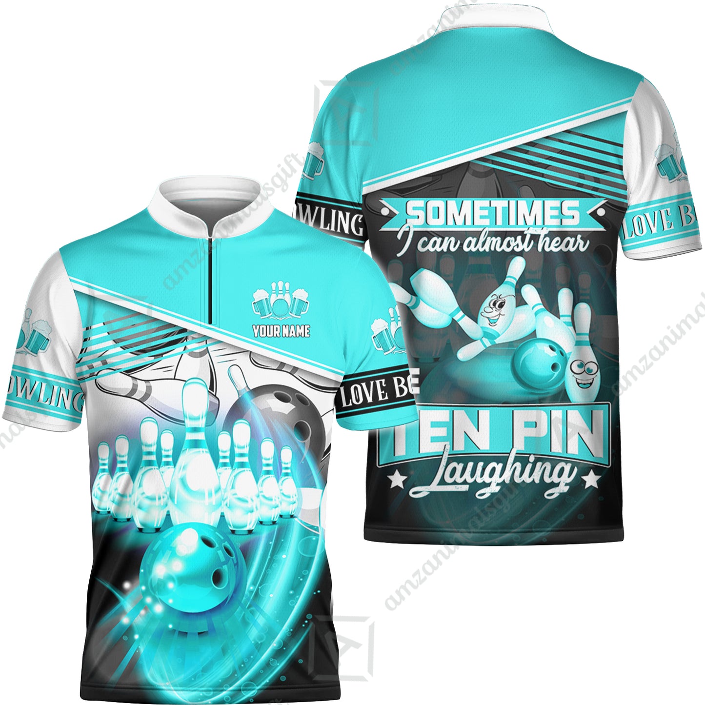 Customized Bowling Unisex Polo, The Blue Bowling Ball Crashing The Pins Purple Pattern Personalized Name Team Name Logo For Bowling Team