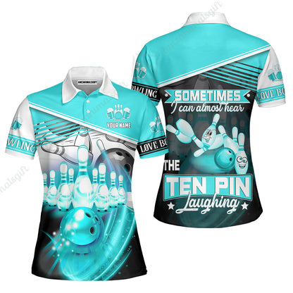 Customized Bowling Unisex Polo, The Blue Bowling Ball Crashing The Pins Purple Pattern Personalized Name Team Name Logo For Bowling Team