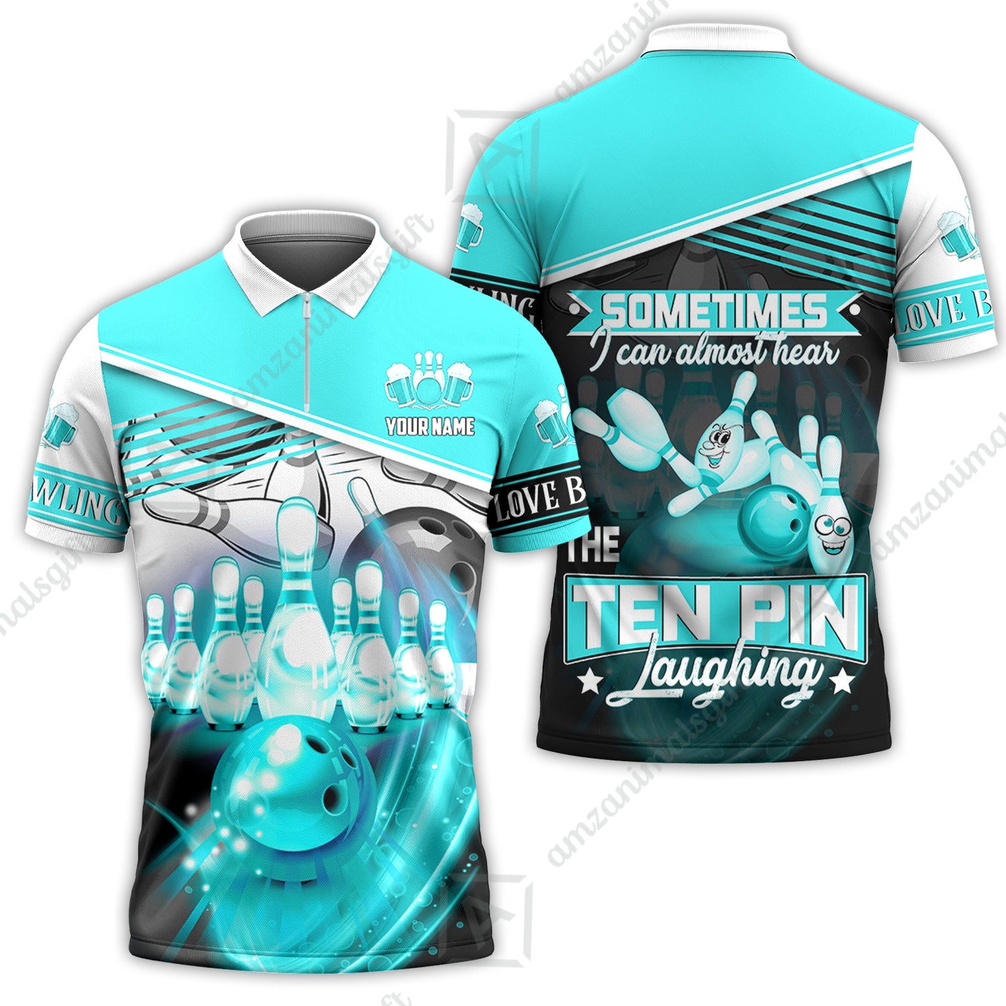 Customized Bowling Unisex Polo, The Blue Bowling Ball Crashing The Pins Purple Pattern Personalized Name Team Name Logo For Bowling Team