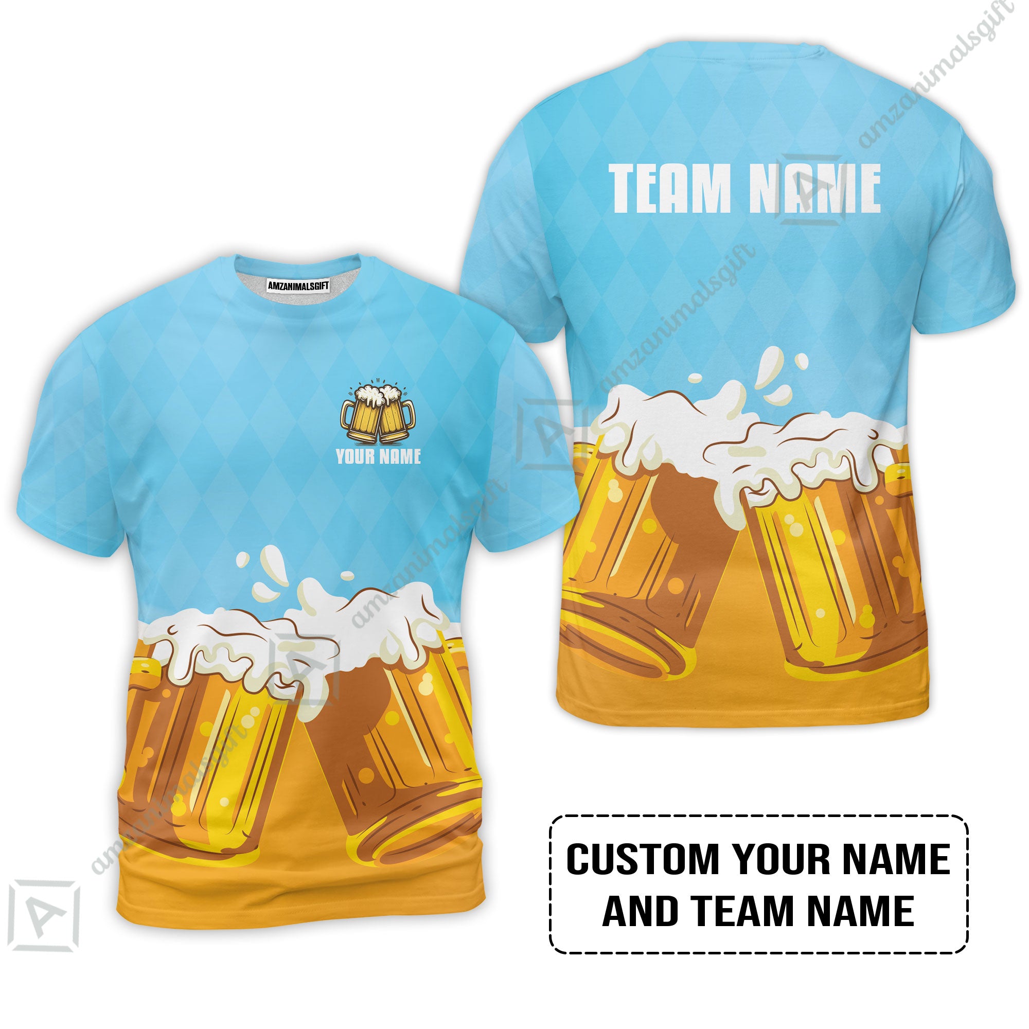 Custom Blue White Orange Beer Pattern Design Oktoberfest Beer Festival Performance T-Shirt