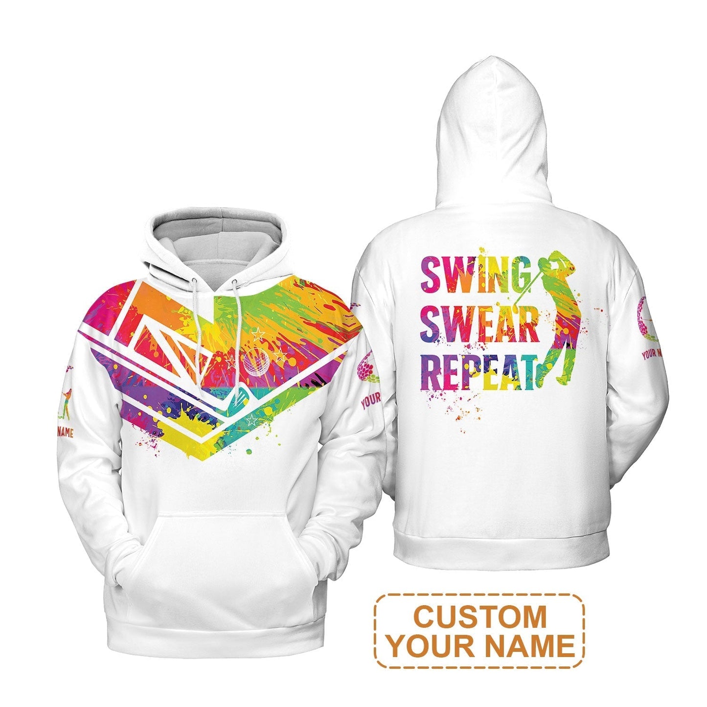 Custom Golf Long Sleeve Shirt - Watercolor New Zealand Flag Custom Name White Apparel, Swing Swear Repeat Long Sleeve Shirt - Perfect Shirt For Men