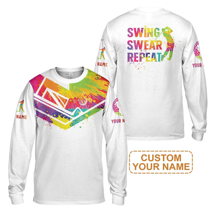 Custom Golf Sweatshirt - Watercolor New Zealand Flag Custom Name White Apparel, Swing Swear Repeat Sweatshirt - Perfect Shirt For Men