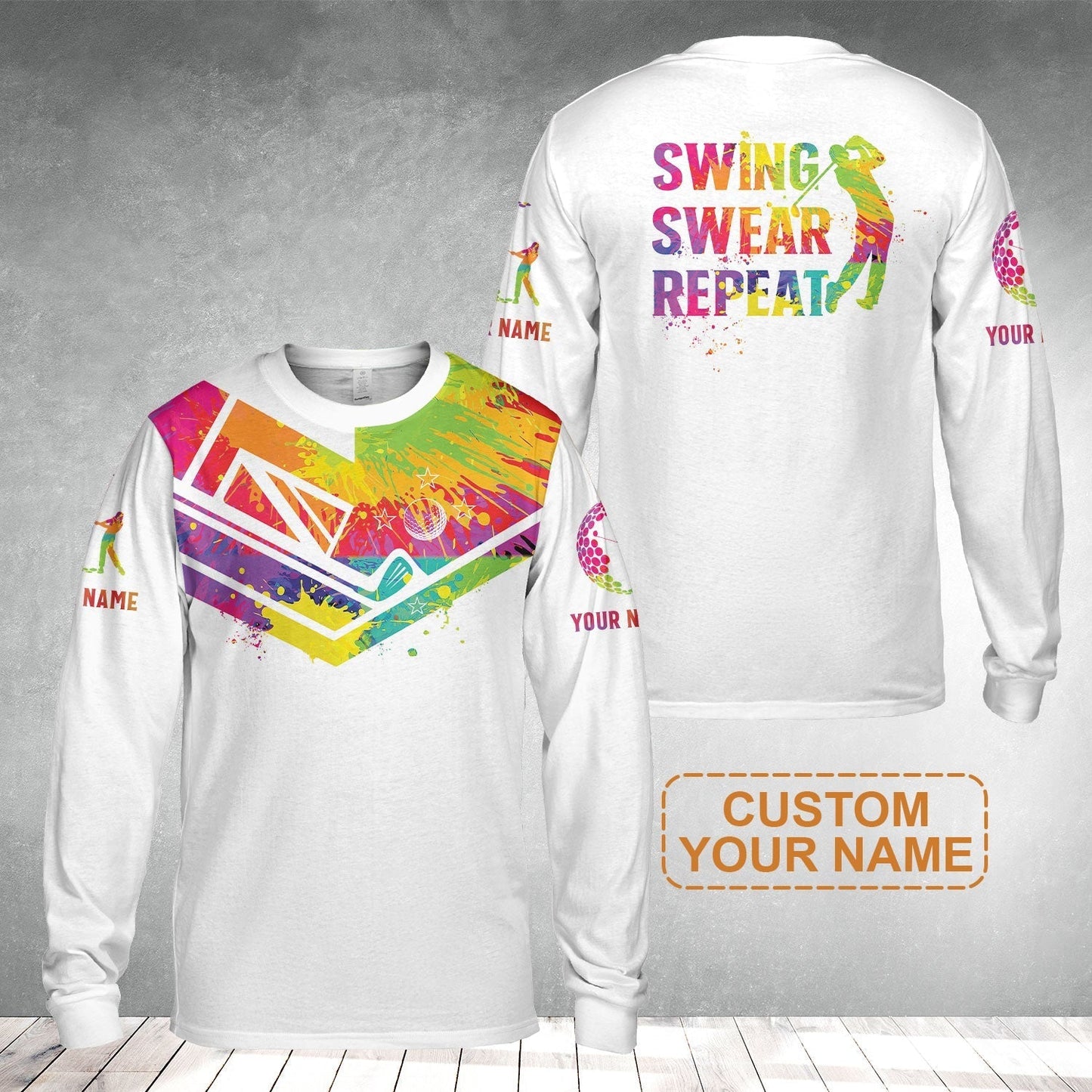 Custom Golf Long Sleeve Shirt - Watercolor New Zealand Flag Custom Name White Apparel, Swing Swear Repeat Long Sleeve Shirt - Perfect Shirt For Men