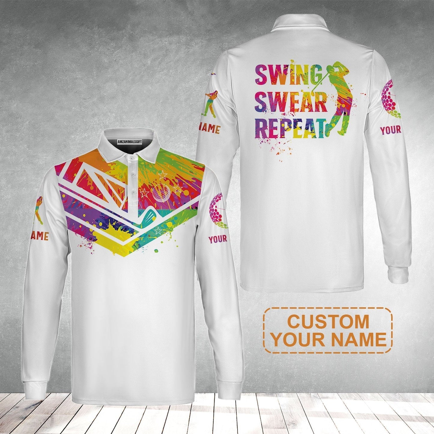 Custom Golf Long Sleeve Shirt - Watercolor New Zealand Flag Custom Name White Apparel, Swing Swear Repeat Long Sleeve Shirt - Perfect Shirt For Men