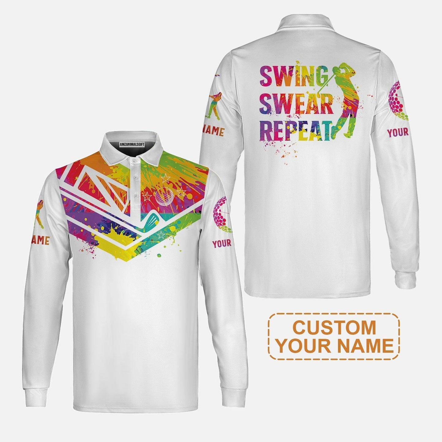 Custom Golf Long Sleeve Shirt - Watercolor New Zealand Flag Custom Name White Apparel, Swing Swear Repeat Long Sleeve Shirt - Perfect Shirt For Men