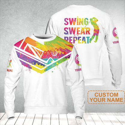 Custom Golf T-Shirt - Watercolor New Zealand Flag Custom Name White Apparel, Swing Swear Repeat T-Shirt - Perfect Shirt For Men