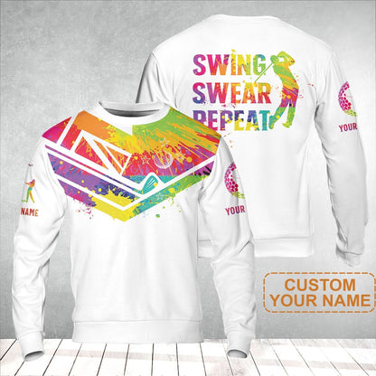 Custom Golf Sweatshirt - Watercolor New Zealand Flag Custom Name White Apparel, Swing Swear Repeat Sweatshirt - Perfect Shirt For Men