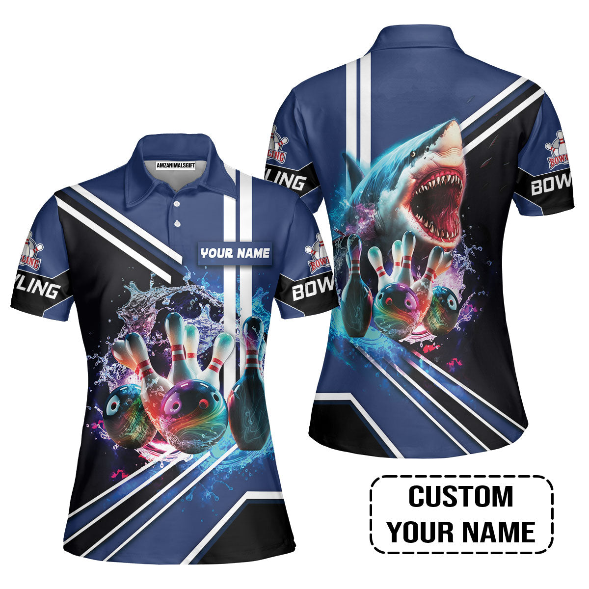 Bowling Custom Women Polo Shirt - Custom Name Shark Team Rainbow Bowling Ball And Pins On Water Personalized Women Polo Shirt