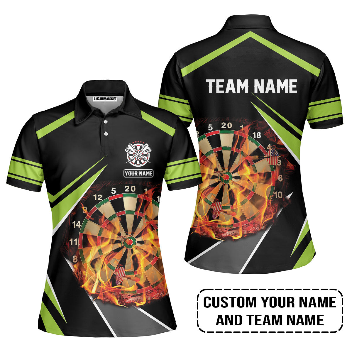 Customized Name & Team Name Darts Women Polo Shirt, Dartboard Flame Personalized Darts Women Polo Shirt