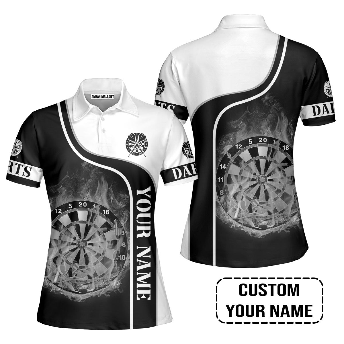 Customized Darts Women Polo Shirt, Personalized Black White Darts Women Polo Shirt