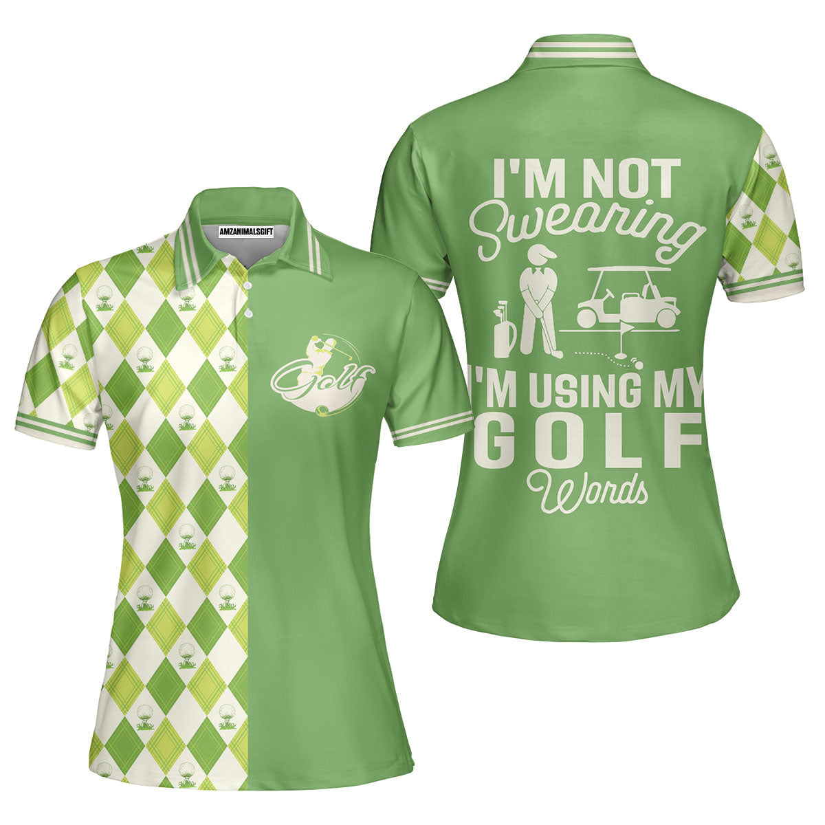 Golf Women Polo Shirt, I'm Not Swearing I'm Using My Golf Words Women Polo Shirt, Green Argyle Pattern Women Polo Shirt