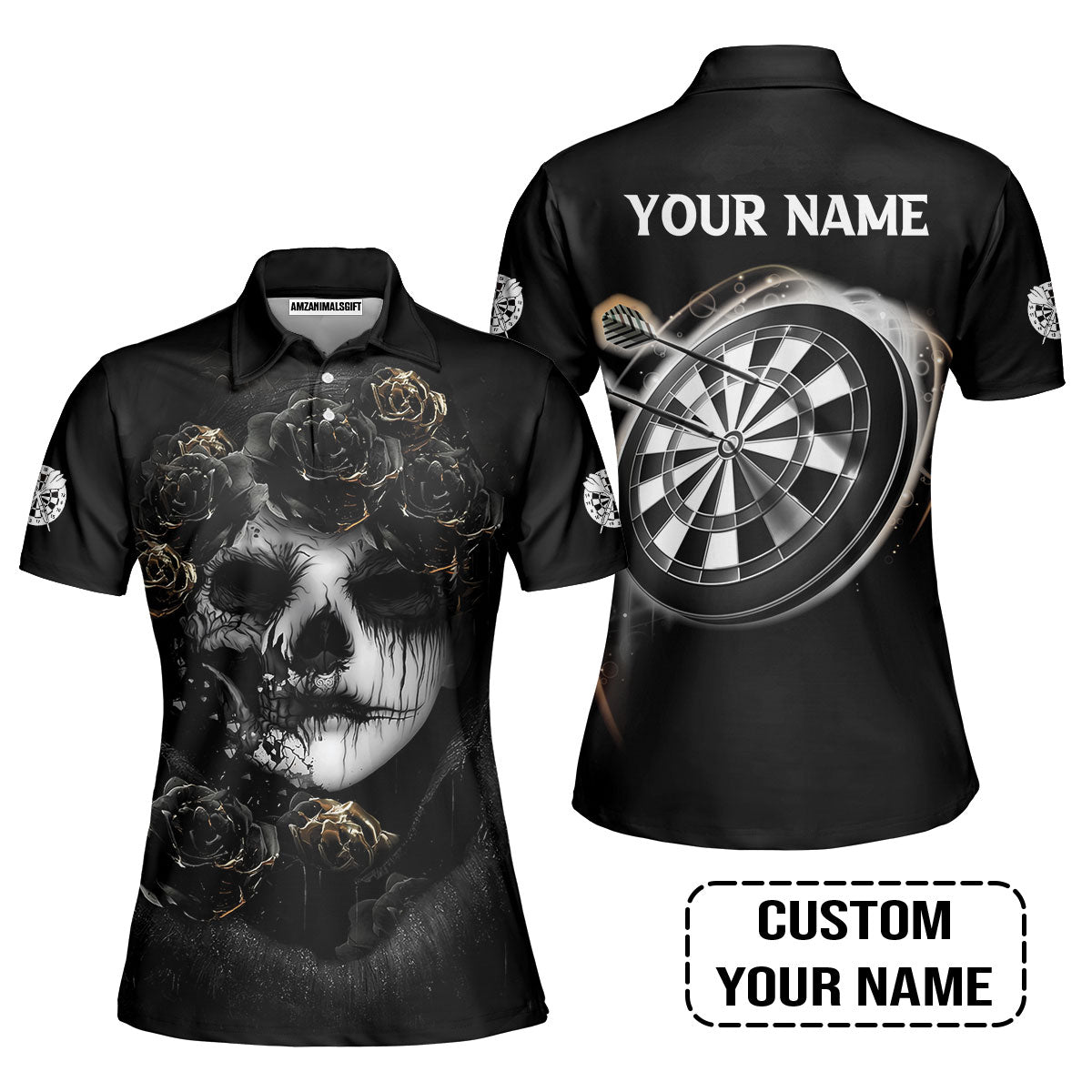 Customized Name Darts Women Polo Shirt, Flower Skull Girl And Dartboard Personalized Women Polo Shirt