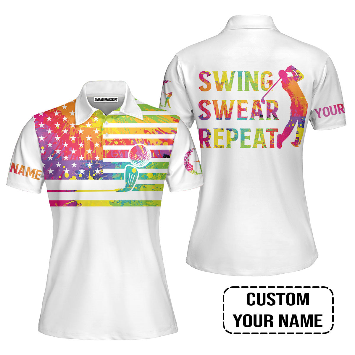 Golf Women Polo Shirt - Funny Watercolor American Flag Custom Name White Apparel - Swing Swear Repeat Golf Women Polo Shirt