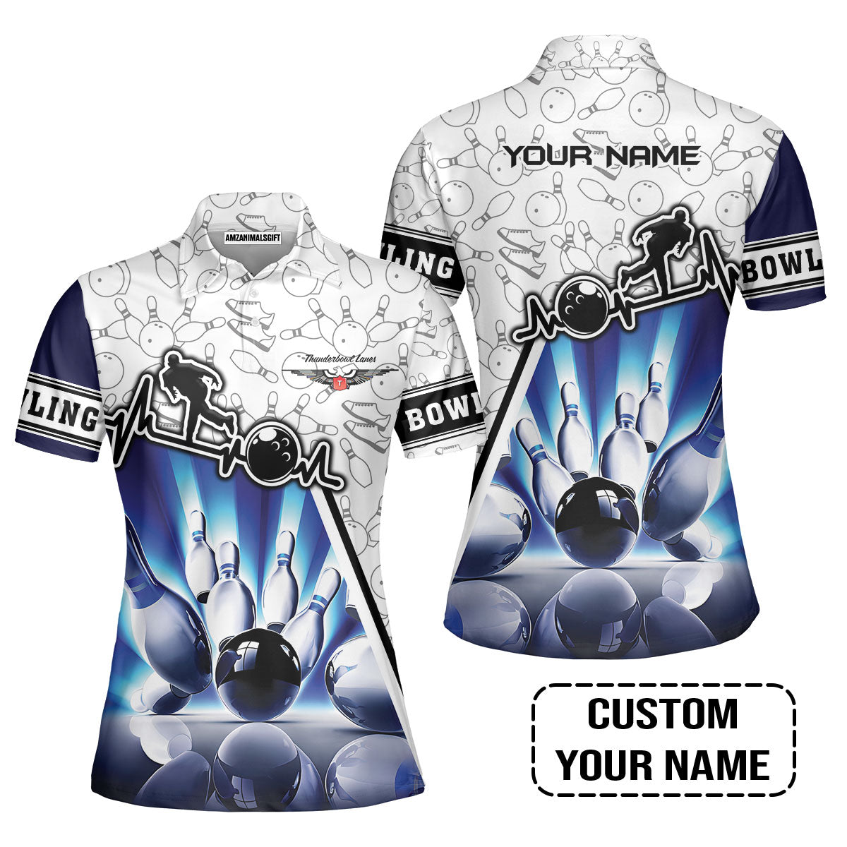 Customized Name Bowling Women Polo Shirt, Personalized Unique Design Blue Heartbeat Bowling Women Polo Shirt