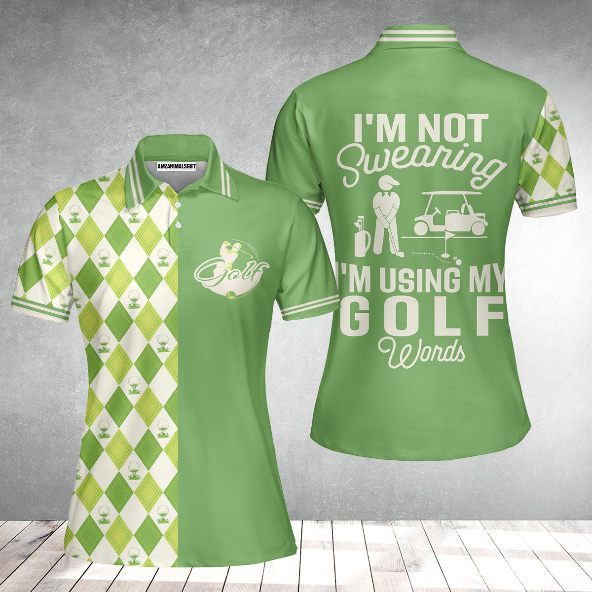 Golf Women Polo Shirt, I'm Not Swearing I'm Using My Golf Words Women Polo Shirt, Green Argyle Pattern Women Polo Shirt