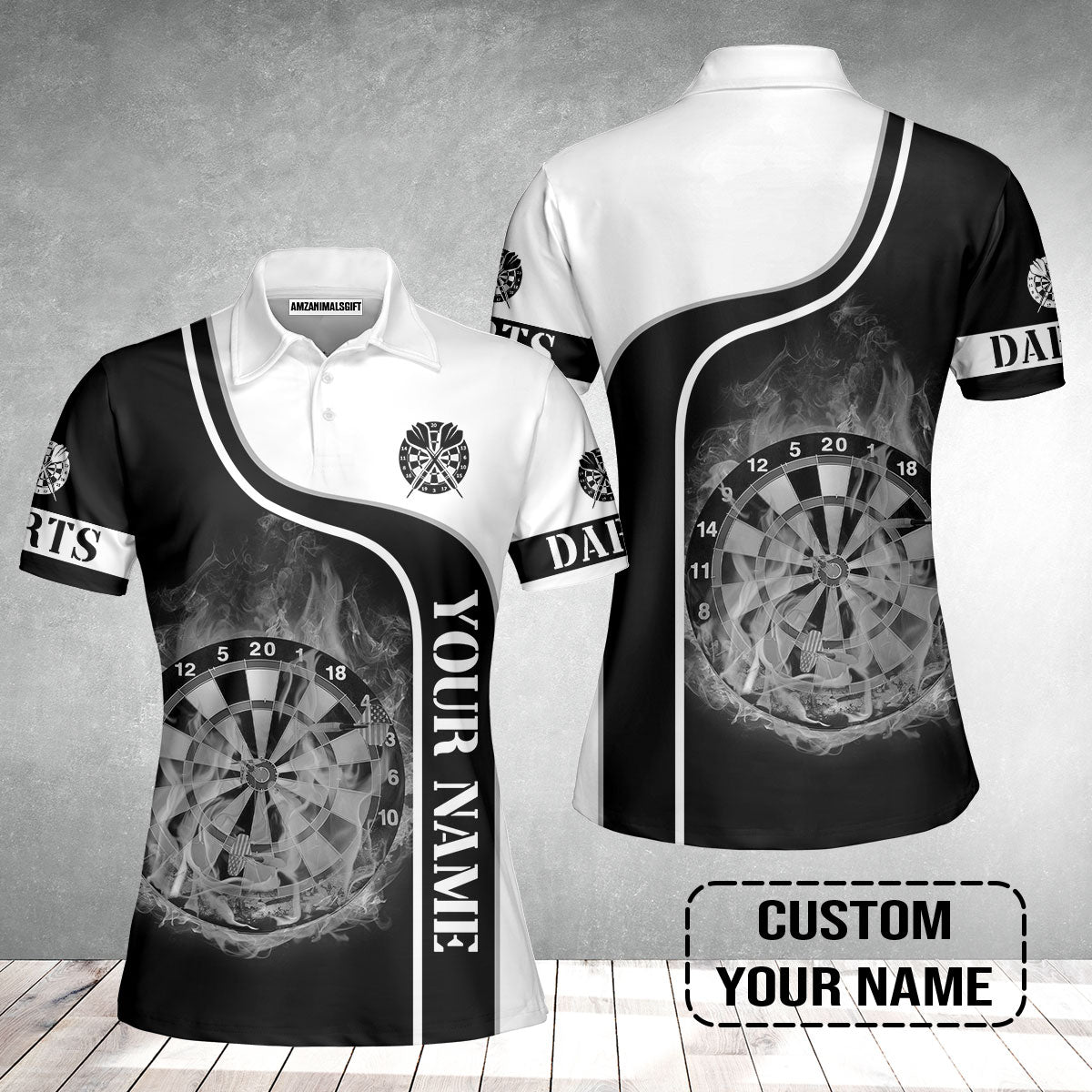 Customized Darts Women Polo Shirt, Personalized Black White Darts Women Polo Shirt