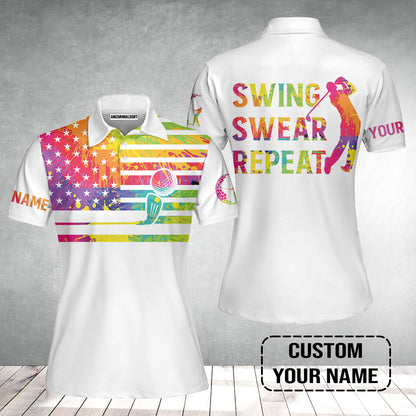 Golf Women Polo Shirt - Funny Watercolor American Flag Custom Name White Apparel - Swing Swear Repeat Golf Women Polo Shirt