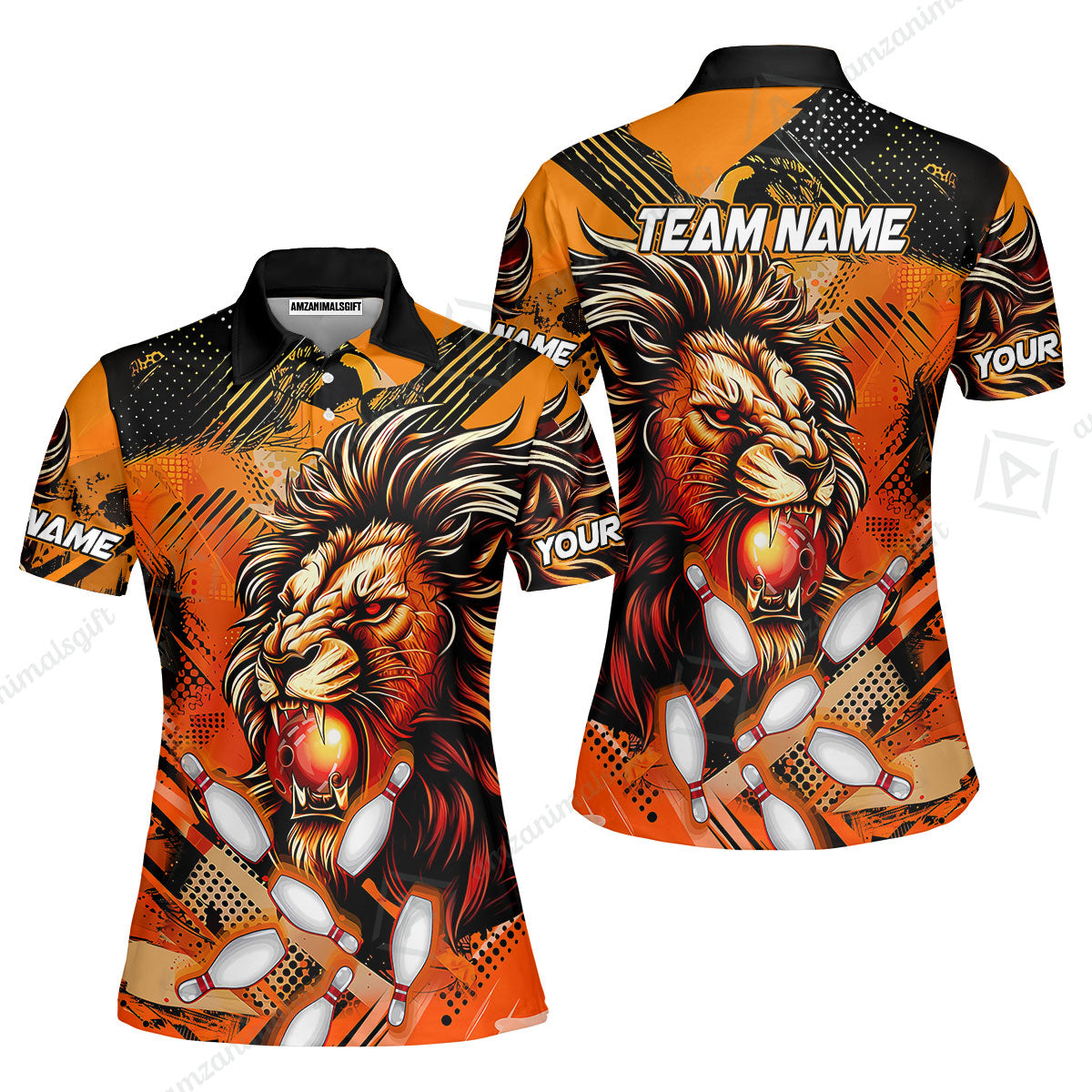 Custom Bowling Team Jerseys Shirts, Bowling uniforms Ball & Pins Lion Pattern Personalized Name And Team Name
