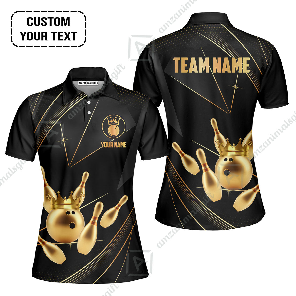 Custom Bowling Jerseys Shirts Women Quarter-Zip Polo,  Bowling Ball & Pins Premium Crown Customized Name And Team Name, custom bowling uniforms