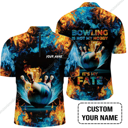 Bowling Custom Long Polo Shirt - Custom Name Blue Bowling Ball And Pins On Fire Personalized Bowling Long Polo Shirt