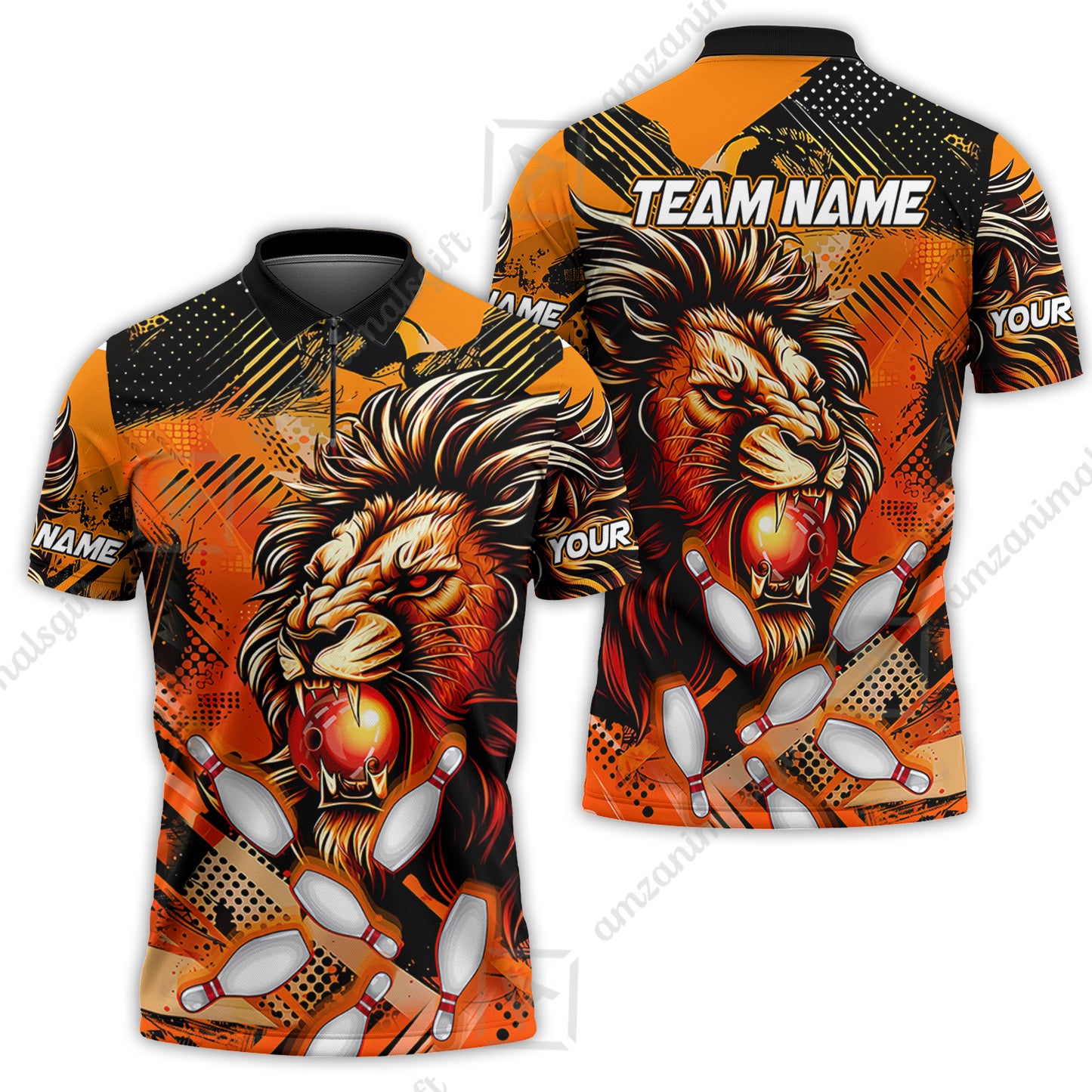Custom Bowling Team Jerseys Shirts, Bowling uniforms Ball & Pins Lion Pattern Personalized Name And Team Name