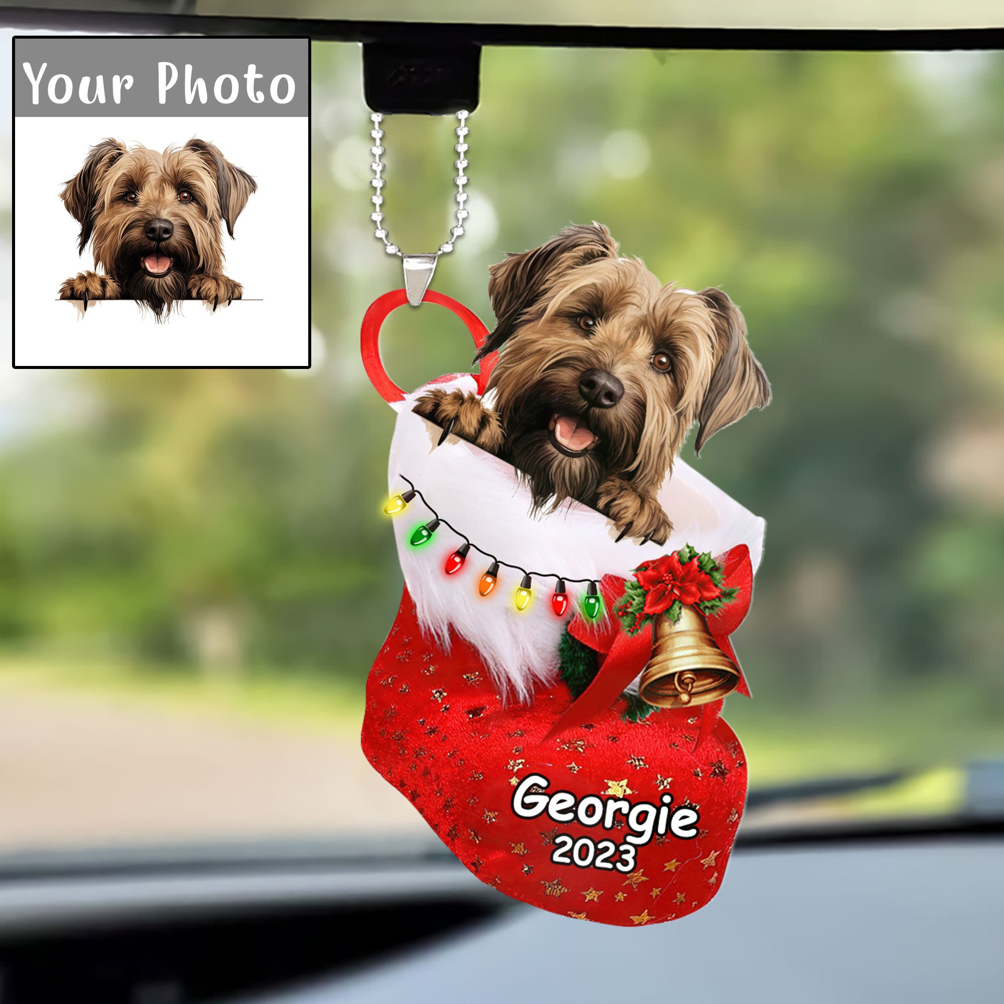 Custom Dog Christmas Car Ornament, Personalized Briard Dog In Stocking Christmas Car Ornament for Dog Lover, New Year