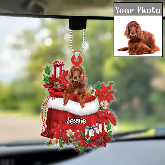 Custom Name Irish Setter In Red Gift Bag Christmas Car Ornament, Customized Christmas Gift For Dog Lovers, Dog Mom