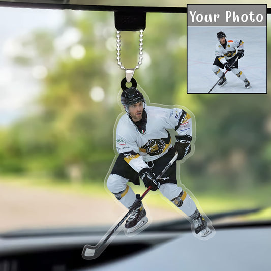 Custom Photo Ice Hockey Players Christmas Car Ornament For Men, Dad Hockey Car Ornament