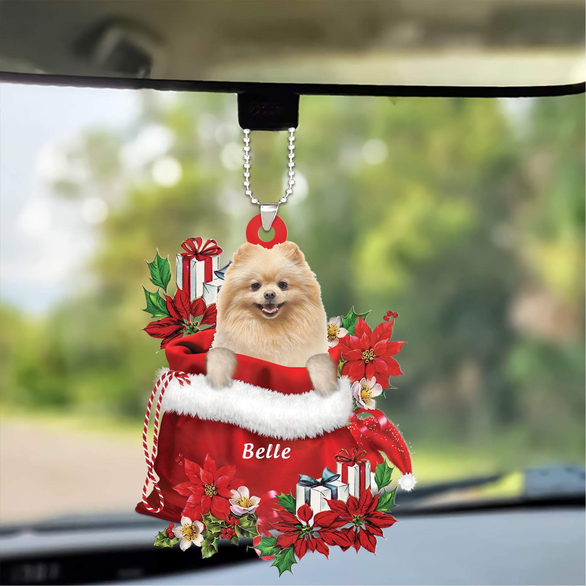 Custom Name Pomeranian In Red Gift Bag Christmas Car Ornament, Customized Christmas Gift For Dog Lovers, Dog Mom