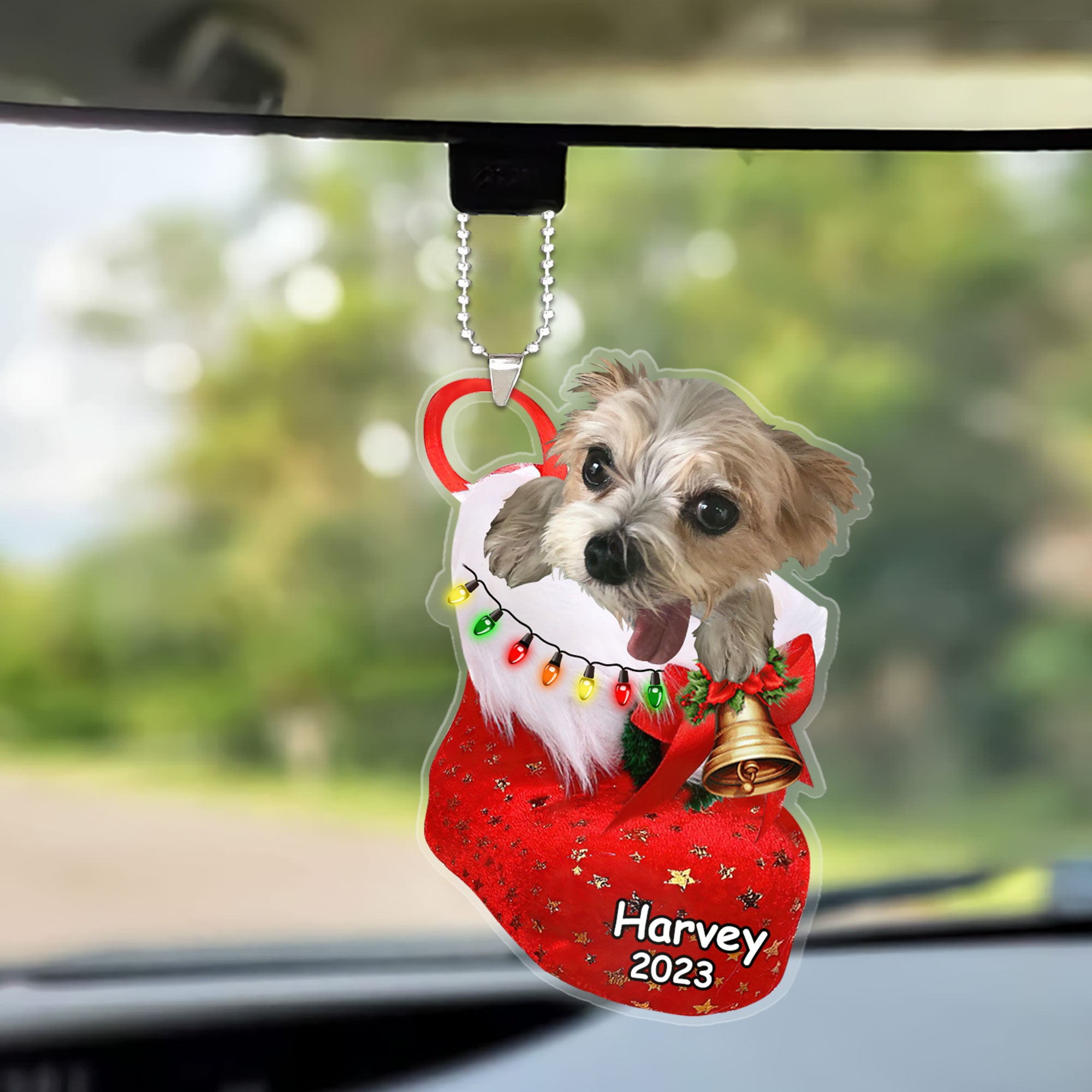 Custom Dog Photo Christmas Car Ornament, Personalized Biewer Terrier in Christmas Sock Car Ornament for Dog Lover, New Year