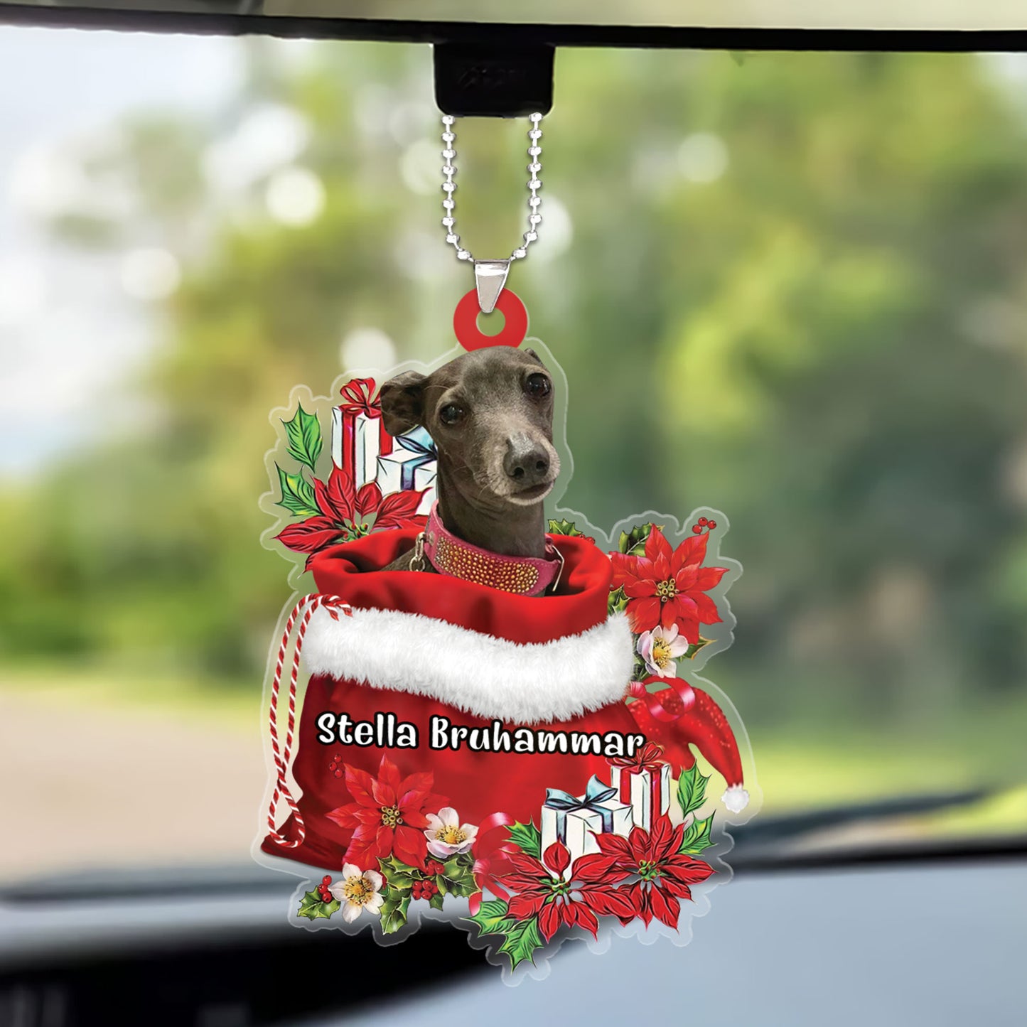 Personalized Italian Greyhound In Red Gift Bag Christmas Car Ornament, Custom Name Christmas Gift For Dog Lovers, Dog Mom