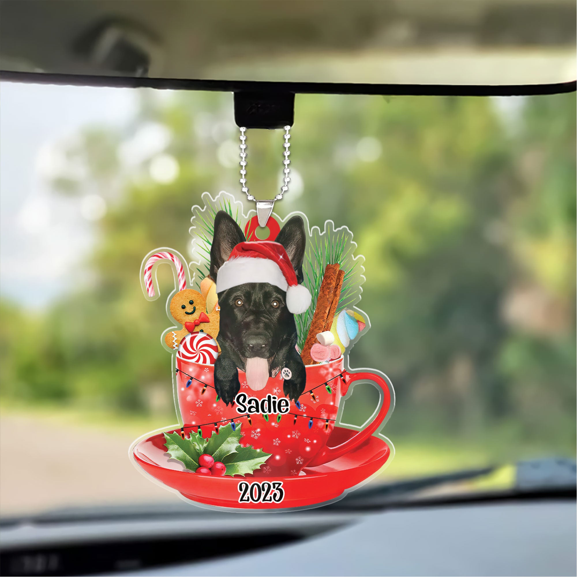 Custom Dog Christmas Car Ornament, Personalized Black German Shepherd In Red Cup Car Ornament for Dog Lover, Christmas, New Year