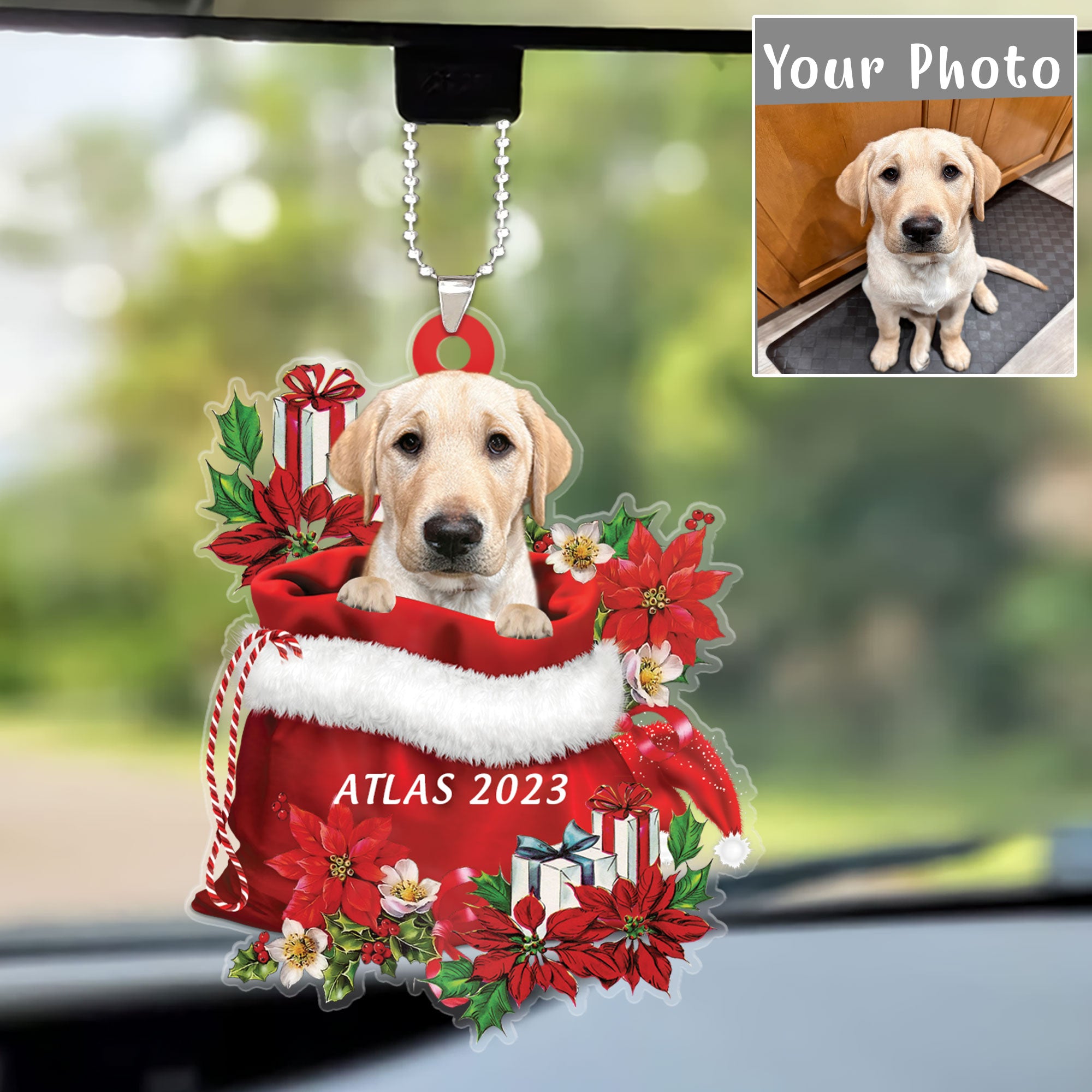 Personalized Name Yellow Labrador In Red Gift Bag Christmas Car Ornament, Customized Christmas Gift For Dog Lovers, Dog Mom