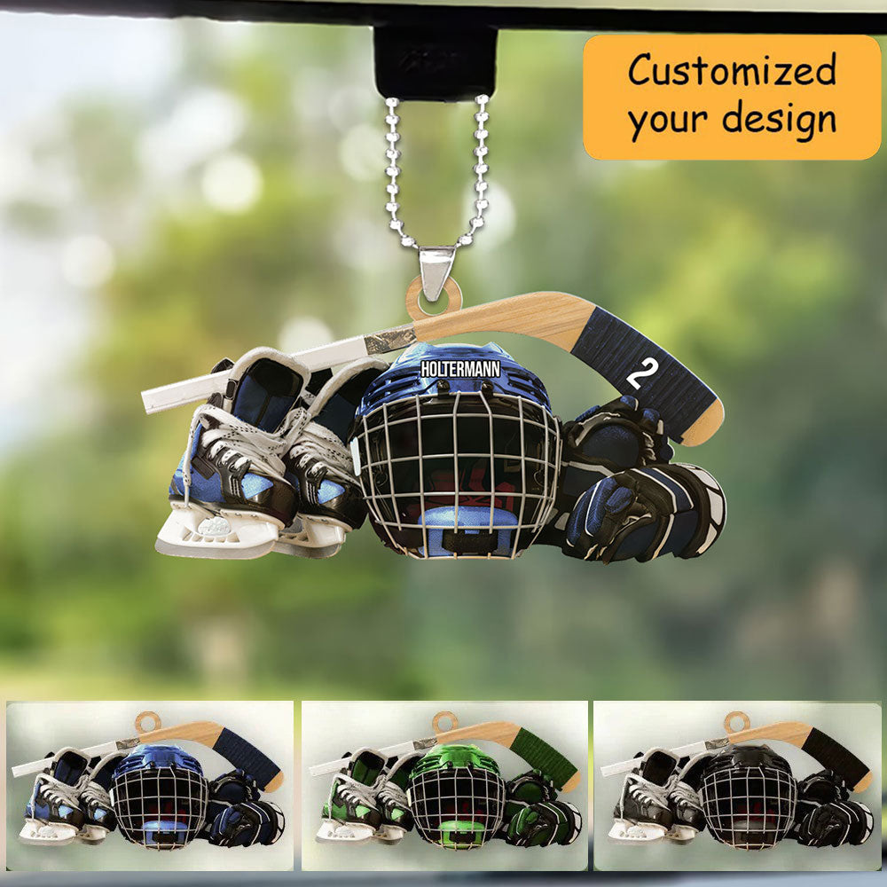 Personalized Hockey Skates Helmet And Stick Christmas Car Ornament - Gift For Hockey Lover