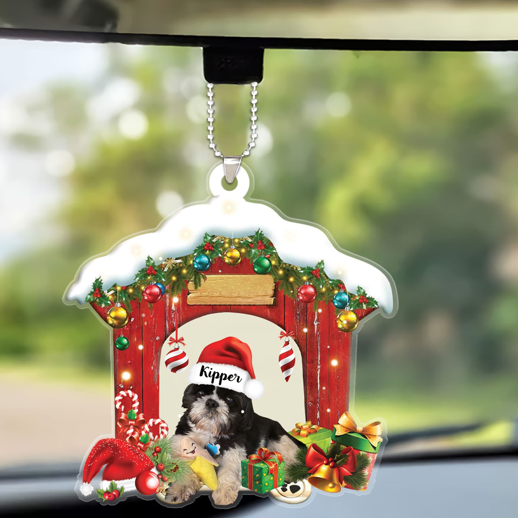 Customized Name Shih Tzu In Red Wood House Christmas Car Ornament Gift For Dog Lovers, Dog Mom