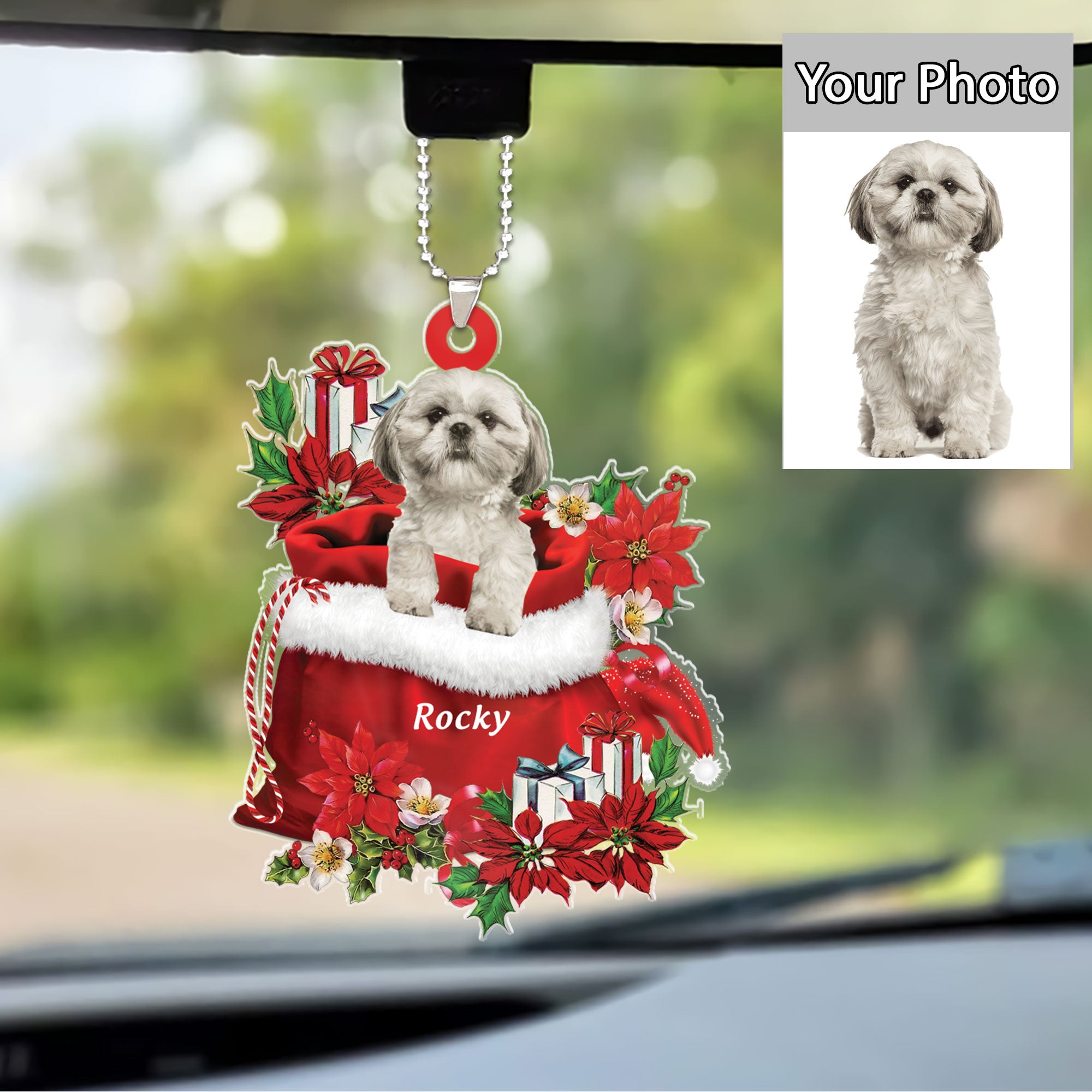 Customized Shih Tzu In Red Gift Bag Christmas Car Ornament, Personalized Christmas Gift For Dog Lovers, Dog Mom