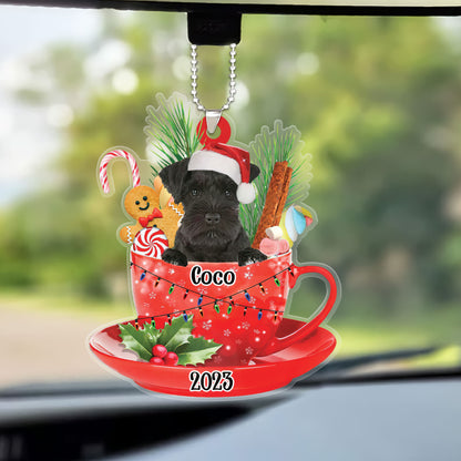 Custom Dog Acrylic Christmas Keychain, Personalized Black Miniature Schnauzer & Santa Hat In Red Cup Acrylic Keychain for Dog Lover, Christmas, New Year