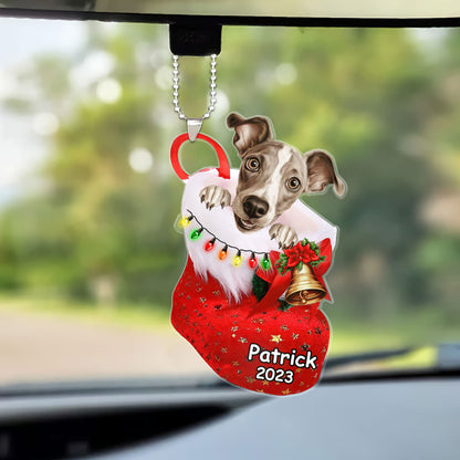 Custom Dog Christmas Car Ornament, Personalized Italian Greyhound In Stocking Christmas Car Ornament for Dog Lover, New Year