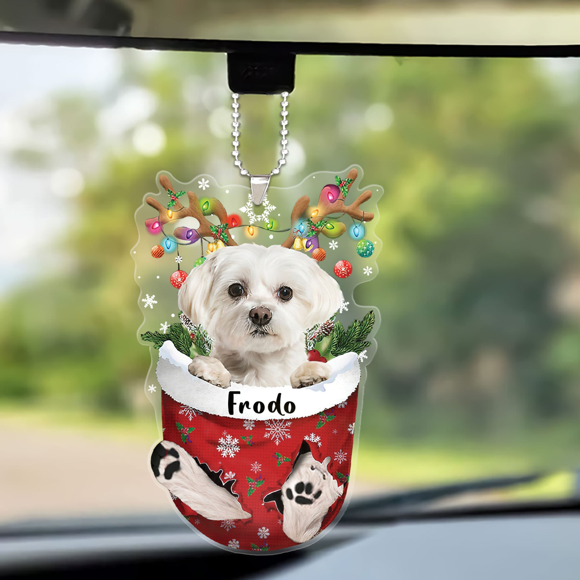 White Maltese In Snow Pocket Christmas Car Ornament - Christmas Gift For White Maltese Lovers, Dog Lovers