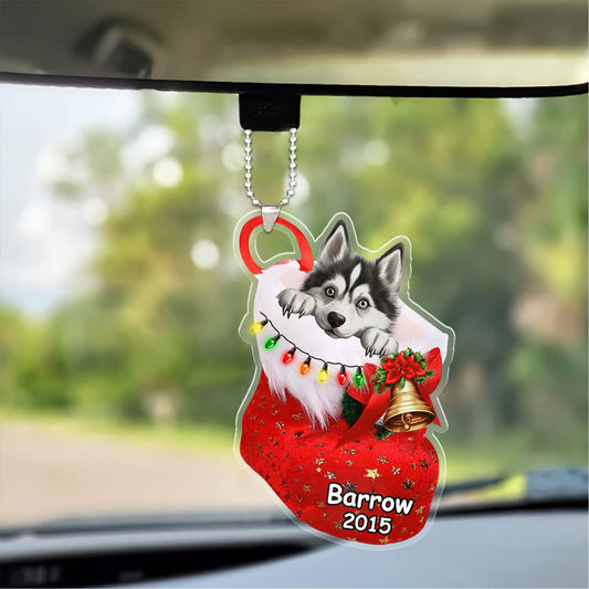 Custom Dog Christmas Car Ornament, Personalized Siberian Husky In Stocking Christmas Car Ornament for Dog Lover, New Year