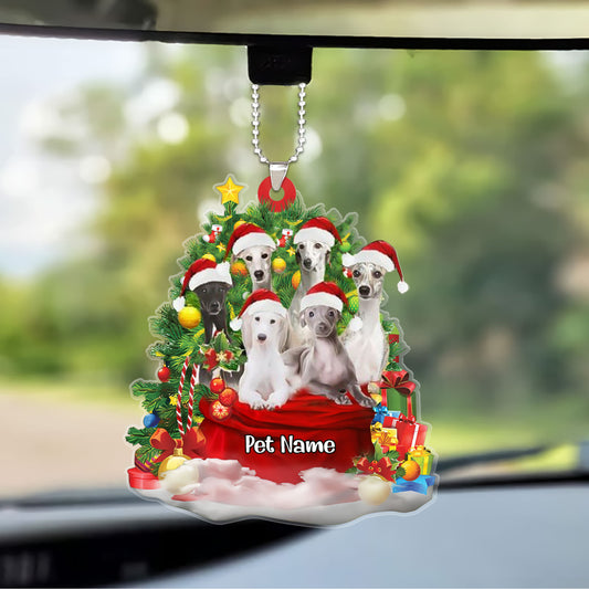 Personalized Greyhound Dogs In Red Gift Bag Christmas Car Ornament, Custom Name Christmas Gift For Dog Lovers, Dog Mom